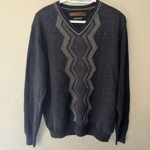 Perry Ellis MerinoSweater Large Mens GreyPrint Long Sleeve V-Neck‎ Pullover L
